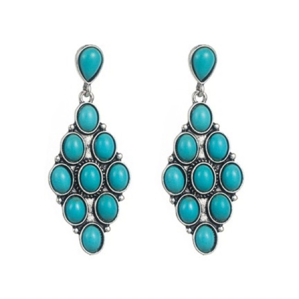 Western Faux Turquoise Stone Blue Chandelier Silver Earrings Gift New Boho - Picture 5 of 5